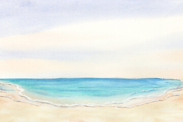 Fototapeta premium Watercolor morning dawn on the beach horizontal artistic illustration. Sea coast with sand landscape for Florida summer vacation in blue and turquoise. Tropical French Riviera seashore with clear sky