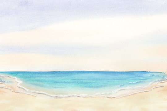 Watercolor morning dawn on the beach horizontal artistic illustration. Sea coast with sand landscape for Florida summer vacation in blue and turquoise. Tropical French Riviera seashore with clear sky