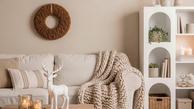 Cozy Scandinavian living room interior with sofa and knit throw, neutral beige home decor styling, warm candlelight ambiance for lifestyle design, real estate and interior video