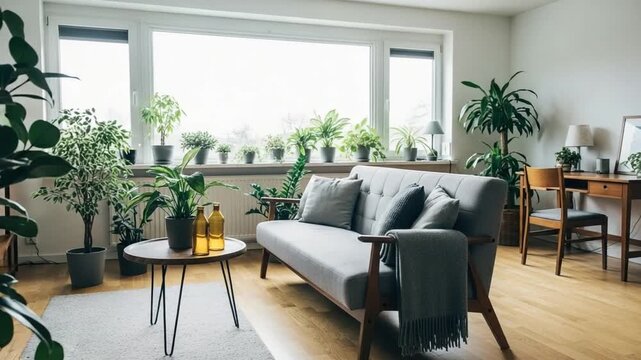 Minimalist Scandinavian living room interior video, bright modern home lounge with gray sofa and houseplants by window, cozy neutral decor for real estate, lifestyle ads