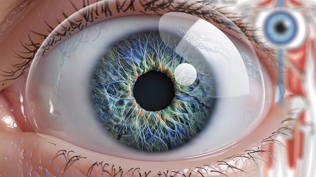 Close-up of human eye with detailed iris patterns in blue, green, and yellow radiating from pupil, eyelashes visible, symbolizing uniqueness and complexity of eye structure.