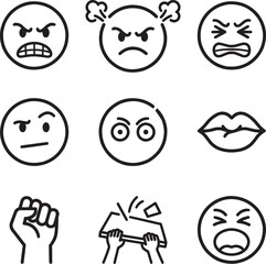 Fototapeta premium Angry Emoticons and Stress Expression Icon Set, Minimalist Outline Vector Symbols for Frustration, Rage, Annoyance, Mental Breakdown, and Aggressive Body Language