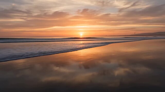 Vibrant ocean sunset over wet sandy beach with golden reflections on shore, coastal seascape and serene nature landscape for travel and relaxation