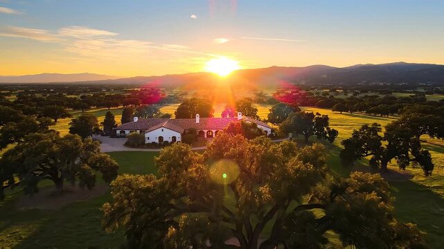 Aerial drone footage of a ranch style estate at sunset with trees and green fields