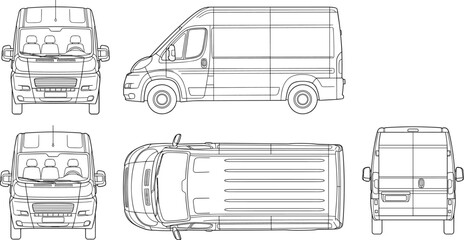 Technical Blueprint Vector Illustration Showing Front, Side, Rear, and Top View Outlines of a Modern Commercial Delivery Van for Branding and Graphic Design Mockups. © Nayan