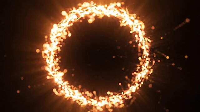 Bright orange light streams with sparkling particles emanate from a central point, expanding outwards in a radiant, energetic display.