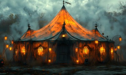 Obraz premium Eerie Halloween Circus Tent with Glowing Lanterns on a Misty Night
