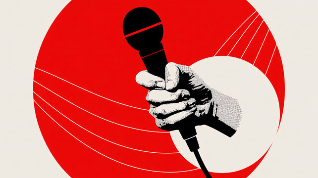 A hand firmly holding a microphone in front of a bold red and white circular background with dynamic lines.