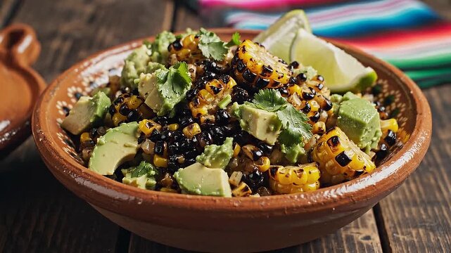Vibrant corn avocado salsa in three clay bowls on wooden table with colorful mexican blanket