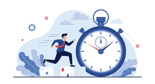 Determined businessman running at high speed alongside a giant blue stopwatch showing time passing and professional deadline pressure.