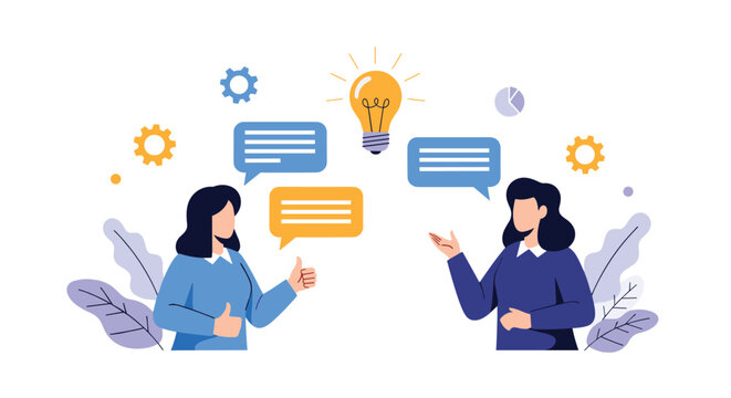 Professional women engage in collaborative discussion with light bulb icon symbolizing shared creative ideas and teamwork.