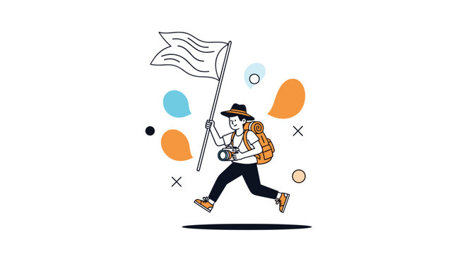 Enthusiastic traveler running with white flag and camera captures the spirit of adventure and discovery in the outdoors.