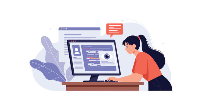 Young woman focuses on her computer monitor displaying lines of code and a large digital eye icon during a workday.
