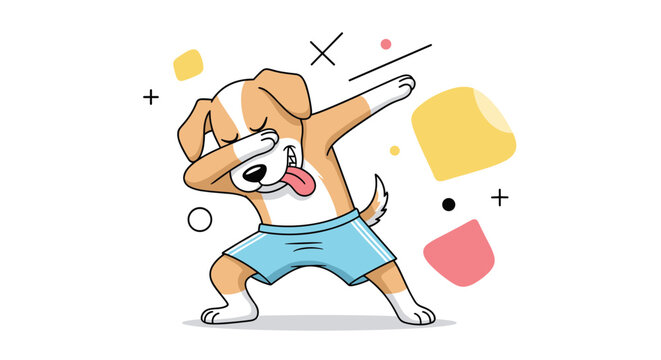Cool beagle dog wearing blue shorts performs a dabbing dance move surrounded by colorful abstract shapes and symbols.