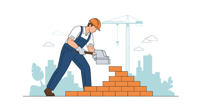 Professional bricklayer in uniform and hard hat carefully laying bricks to build a wall at a construction site with a city skyline background.