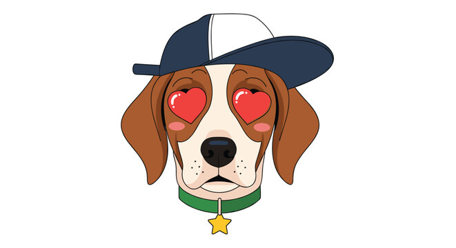 Cool beagle dog wears a blue baseball cap and heart shaped sunglasses reflecting love and affection in a trendy pet portrait design.