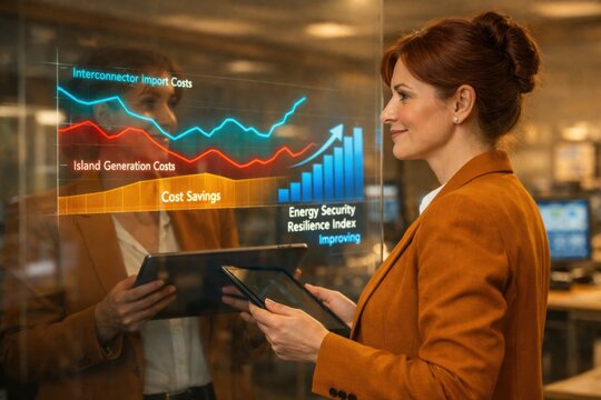 Energy Policy Analyst Reviewing Island Interconnector Cost Savings and Energy Security Resilience Index Chart on Tablet