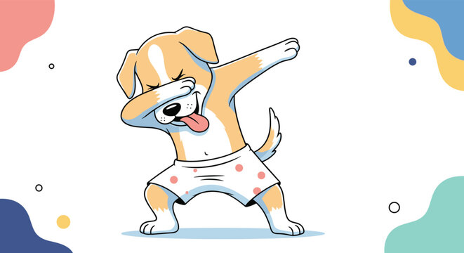 Cute cartoon puppy in white polka dot boxer shorts doing a dab dance move against a colorful abstract background.