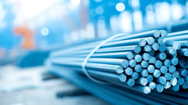 Reinforcement Bars Bundled and Stacked Diagonally in Industrial Setting