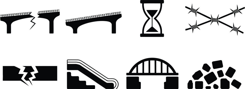 Illustration of various forms of structural damage, highlighting cracks, broken bridges, and collapsed columns in a series of iconic vector designs for engineering, construction, and safety projects.
