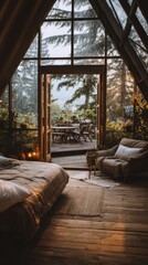 Fototapeta premium Nature retreat glamping blur with relaxing interior and comfort