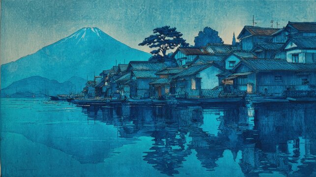 Japanese-style watercolor painting. Deep teal and blue tones. Lakeside village with reflections, towering Fuji in the distance. Textured paper