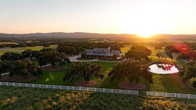 Aerial drone footage of a serene ranch estate at sunset with rolling hills and trees