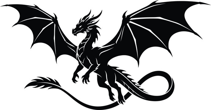 A striking black silhouette of a dragon in mid flight with extended wings