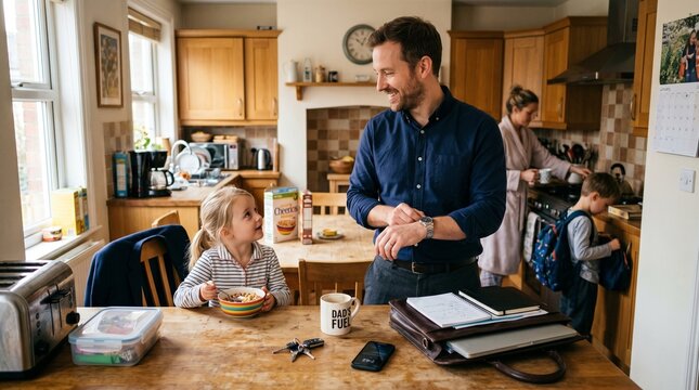 Father checking watch while daughter eats breakfast during busy morning routine