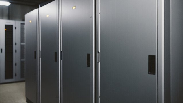 UPS battery cabinets lined up in a secure data center corridor
