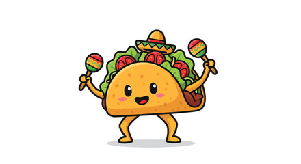 Fototapeta premium A cartoon taco character wearing a sombrero and holding maracas in a playful dance pose