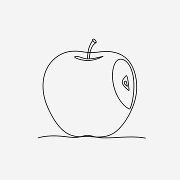 Minimalist single line drawing of an apple with a bite mark on a white background.