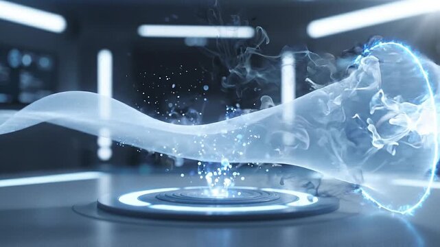 A powerful blue energy surge erupts from a futuristic platform within a dark, high-tech chamber.