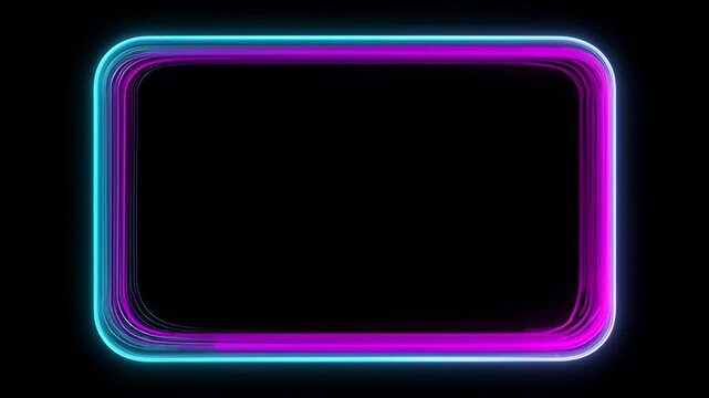 Neon light frame black background with glowing cyan and magenta rounded rectangle, glowing cyan neon frame with futuristic light glow, neon glowing rectangular frame with purple light lines and copy
