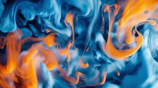 Bright blue and orange colors blend and swirl together, creating an abstract and dynamic pattern on a white canvas