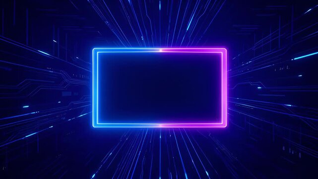 Neon frame with glowing blue and purple rectangle background, digital tunnel motion, futuristic abstract technology design, empty copy space in dark blue and magenta display