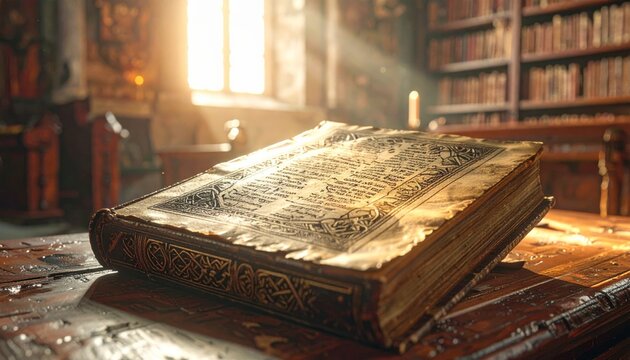 Ancient Vellum Codex Open to Elaborate Celtic Script and Knotwork Illuminated Page in Soft Sunlight