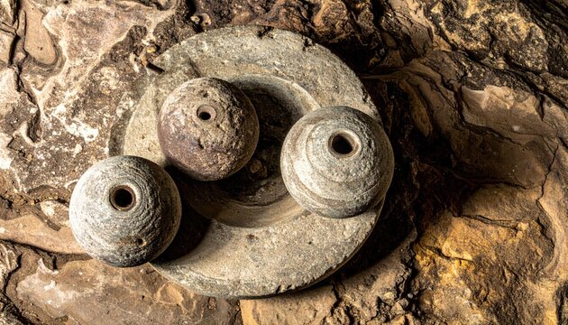 Ancient stone grinding implements showing signs of wear, historically significant primitive tools
