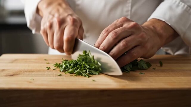 Chef chopping fresh herbs with a knife on a wooden cutting board in a professional kitchen, culinary preparation and cooking technique for food service and gastronomy