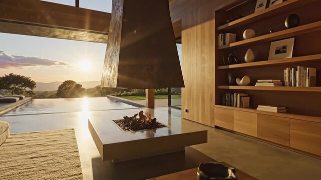 Cinematic footage of a modern custom designed home interior with pool and sunset view