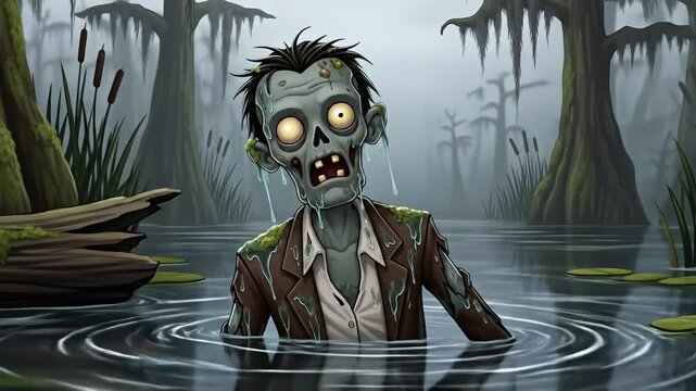 Cartoon-style zombie emerges from swamp water with trees in the background