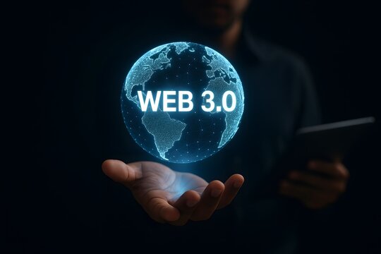 Person holding a glowing blue globe with the words web 3.0 in front of a dark background