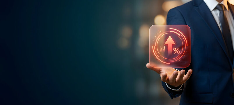 Pengusaha memegang hologram panah naik dengan simbol persentase menunjukkan pertumbuhan bisnis, kesuksesan finansial, dan analisis data