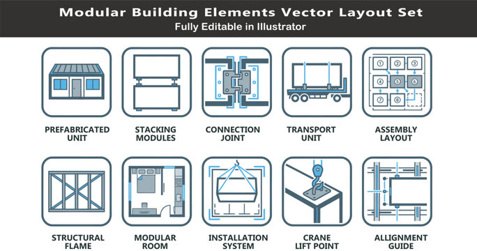 Modular construction vector icons set, top view prefabricated building layout symbols, stacking units, joints, assembly, crane lift, CAD design