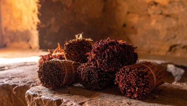 Bundles of Dried Aromatic Herbs and Resins Ready for Burning, Showcasing Natural Fragrance and Traditional Uses