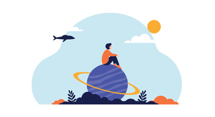 Obraz premium Conceptual illustration of a person sitting alone on a ringed planet like Saturn, gazing at stars in the galaxy.