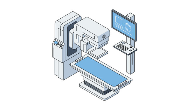 Detailed isometric vector of a modern medical x-ray machine with a patient table and computer monitor for diagnostic imaging procedures.