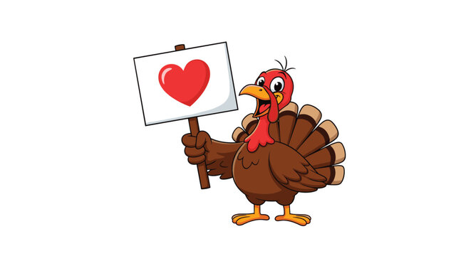 Cheerful cartoon turkey holding a sign with a red heart on it, celebrating Thanksgiving or expressing love in a festive holiday illustration.