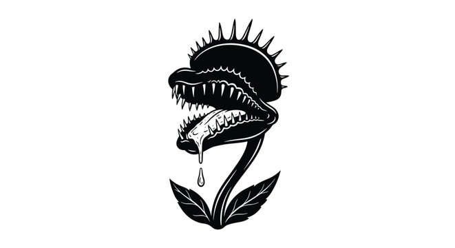Menacing black and white illustration of a Venus flytrap with sharp teeth and a long dripping tongue on a stem.
