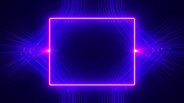 Neon purple square frame on dark blue background with glowing light beams, abstract lines and glowing light rays, futuristic banner template with empty copy space